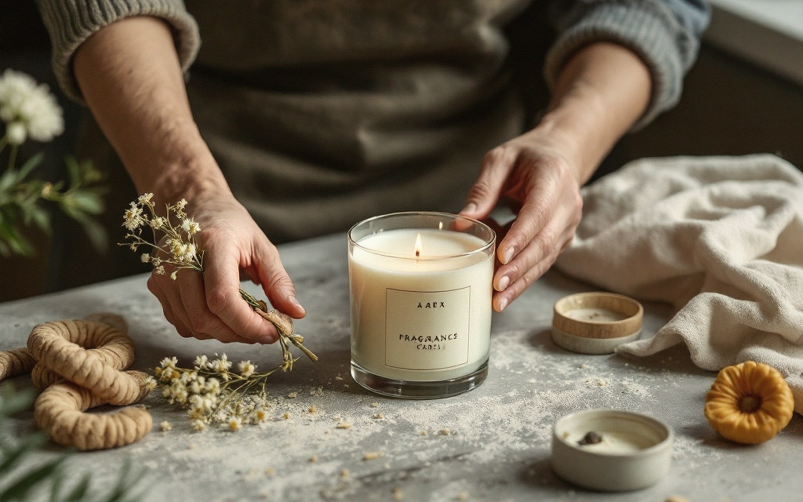 Hands arrange a lit glass candle beside dried flowers and small bowls on a table