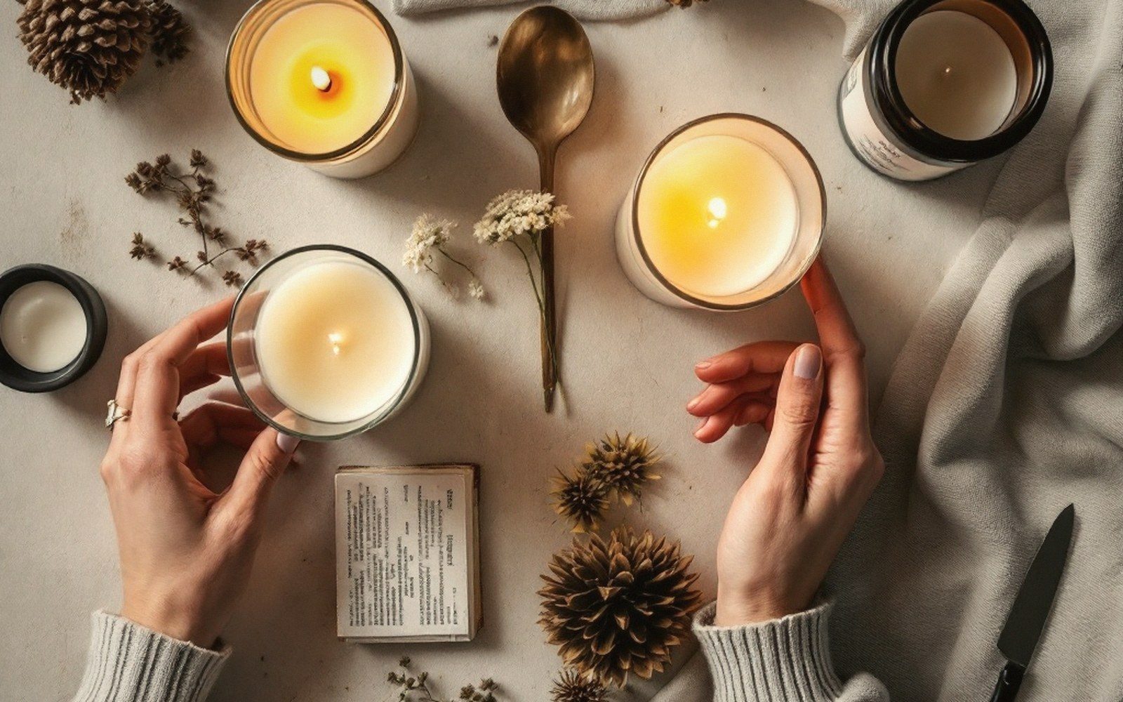 Hands hold two lit candles surrounded by dried flowers, pinecones and a brass spoon