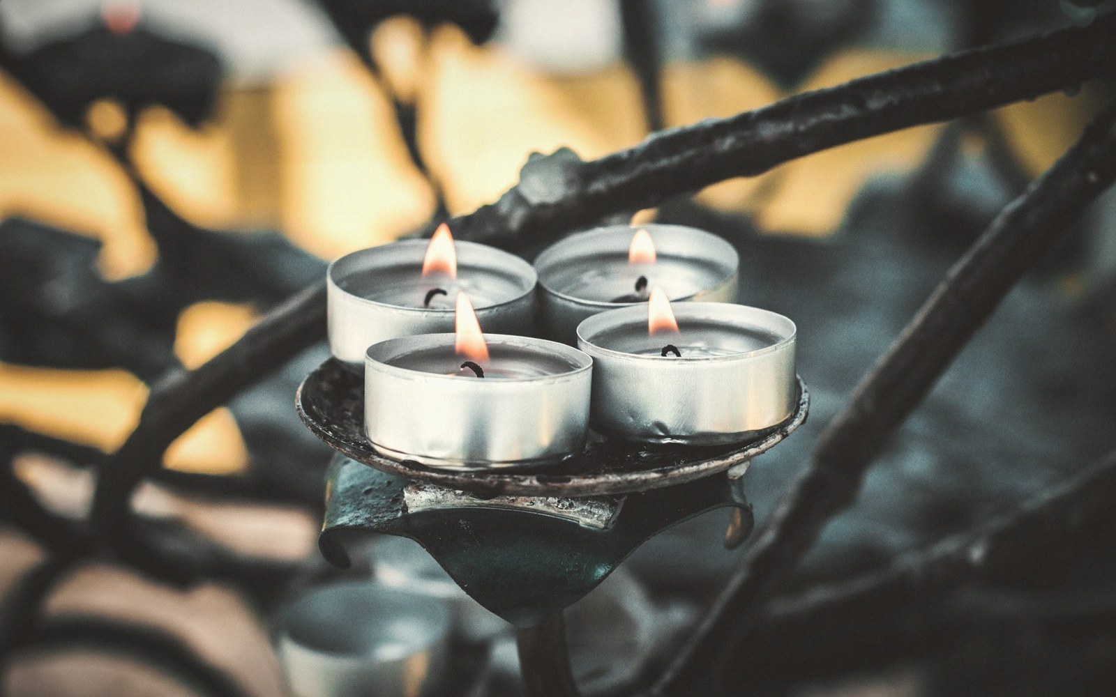Four lit tealight candles resting on a small metal holder amid dark ironwork